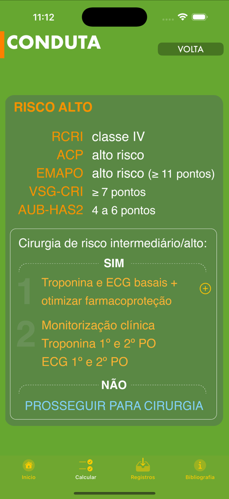 High risk cardiac assessment results and surgical management recommendations screen in the Perioperative risk medical app