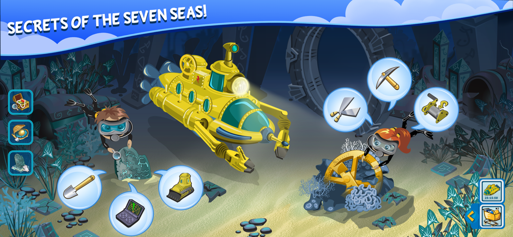 Treasure Diving - Buzos y un submarino amarillo explorando el fondo del océano en busca de secretos ocultos