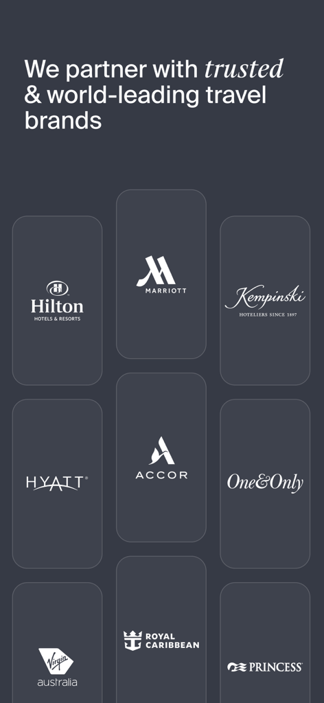 Luxury Escapes: Travel Deals - Display of trusted travel brand logos including Hilton Marriott Hyatt and Royal Caribbean