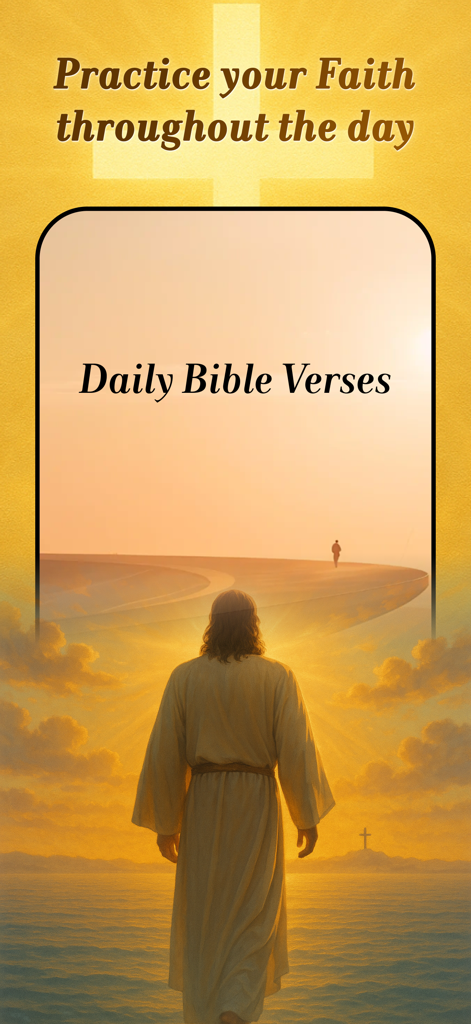 Daily Bible Verses:Home Widget - Ein goldfarbener App-Bildschirm mit einer Illustration von Jesus, der auf dem Wasser geht, und dem Text Übe deinen Glauben während des Tages.