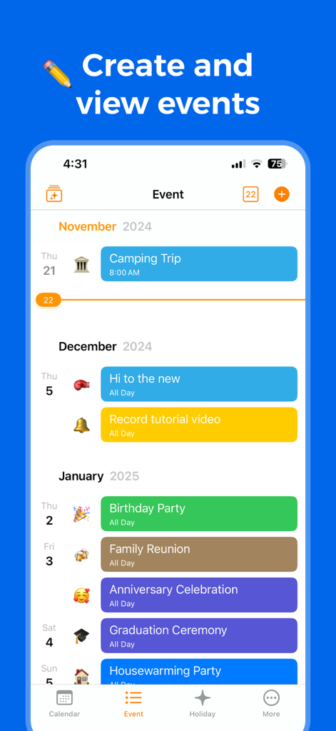 Thai Calendar (2443 to 2643) - The Thai Calendar app event screen showing a chronological list of color coded personal and cultural events