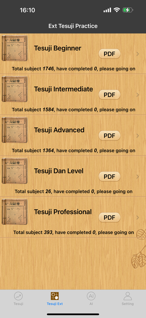 Captura de tela do aplicativo Tesuji Library mostrando vários níveis de prática de jogos de Go, de iniciante a profissional