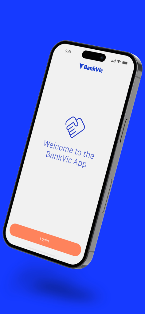 Welcome screen of the BankVic mobile banking app featuring a handshake icon and a login button.
