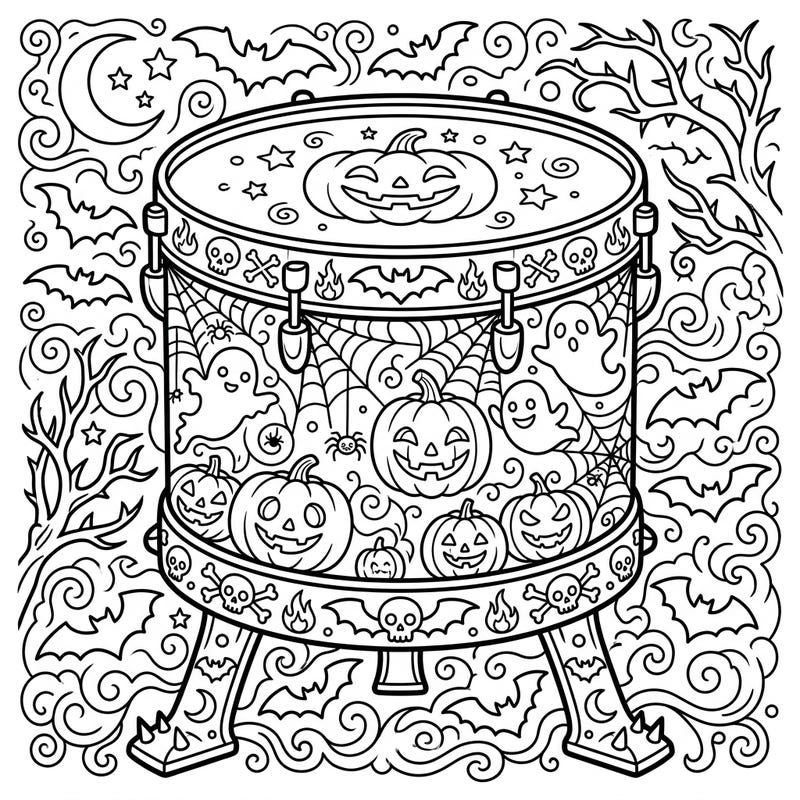 Get ready for a hauntingly good time with this unique Halloween tom-tom drum coloring page. It's packed with festive spooks like grinning pumpkins and friendly ghosts, waiting for your creative touch.