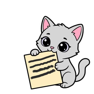 a small cat with a blank sheet of paper in its hand. the cat is sooooooo cute!