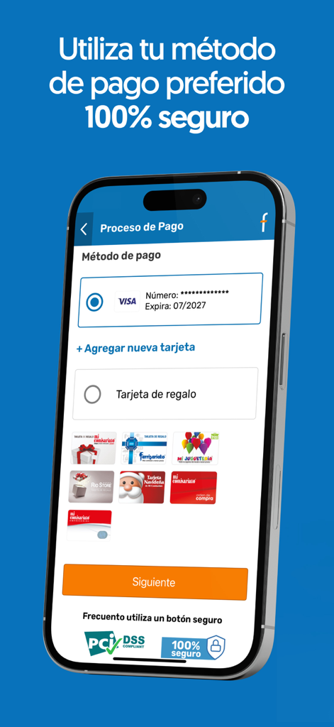 Frecuento - Tela de pagamento seguro no aplicativo Frecuento mostrando opções de cartão de crédito Visa e cartão-presente local