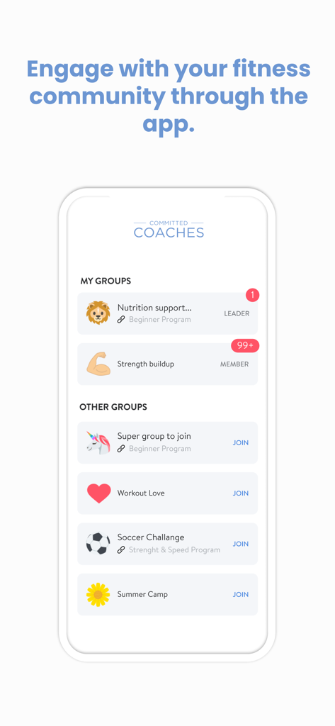 Committed Coaches - Committed Coaches app screen displaying various fitness and nutrition community groups to join
