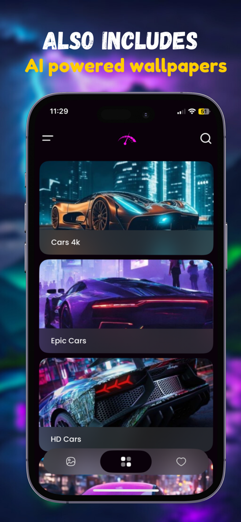 Car Wallpaper 4k - Interfaz de la aplicación Fondo de Pantalla de Coche 4k mostrando fondos de superdeportivos potenciados por IA