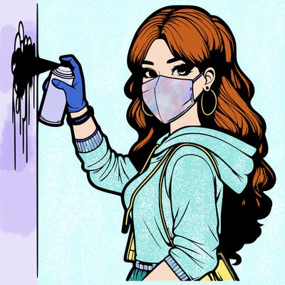 realistic girl with mask spray painting a wall