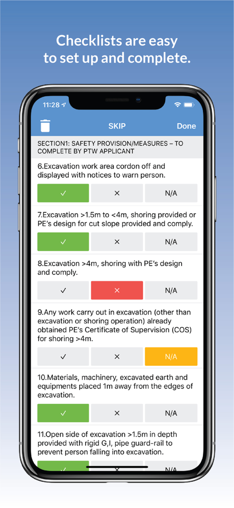 Novade Enterprise - A digital construction safety checklist for excavation work on the Novade Enterprise mobile app