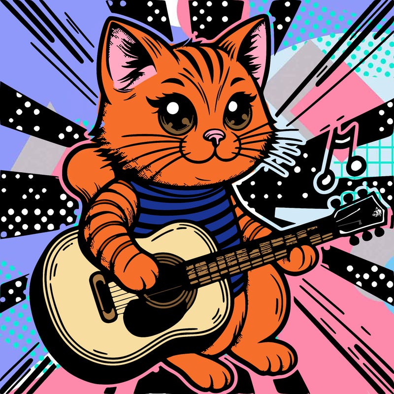 pop art cat with a guitar