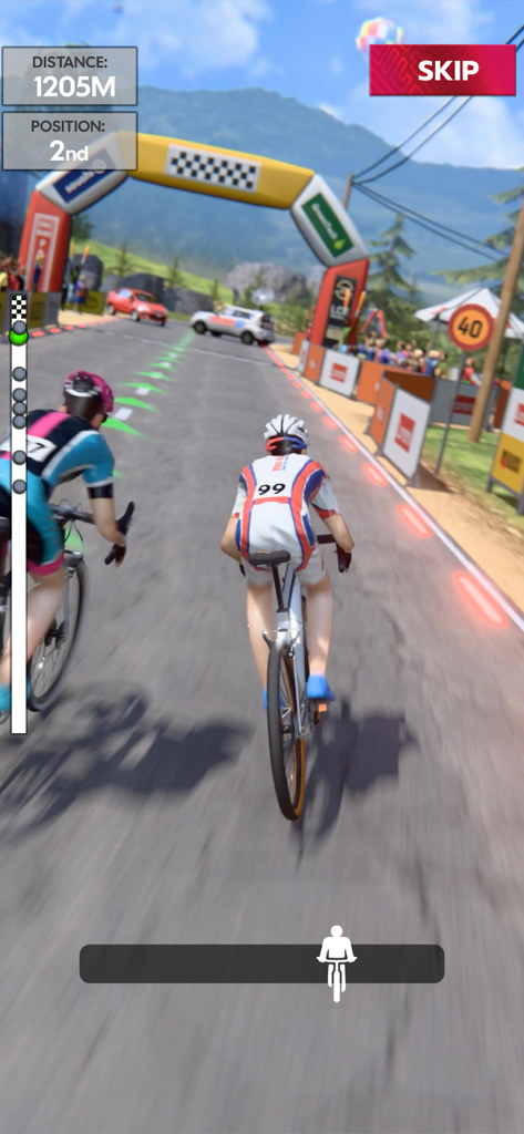 Road Cycling: World Tour Race - Dos ciclistas profesionales compitiendo en una carretera de montaña hacia un arco amarillo en Ciclismo de Carretera: Vuelta al Mundo