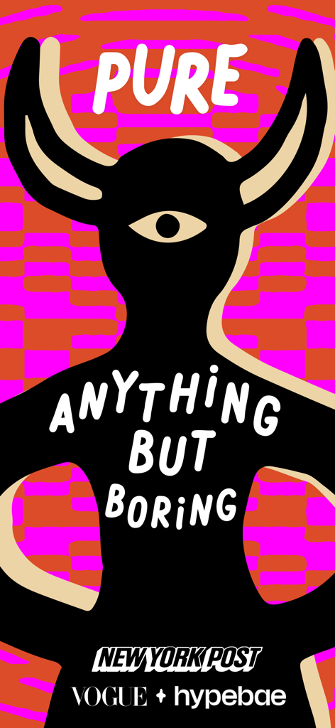 Grafica promozionale dell'app di incontri anonimi PURE con una silhouette cornuta e lo slogan tutto tranne che noioso e menzioni stampa da Vogue e New York Post