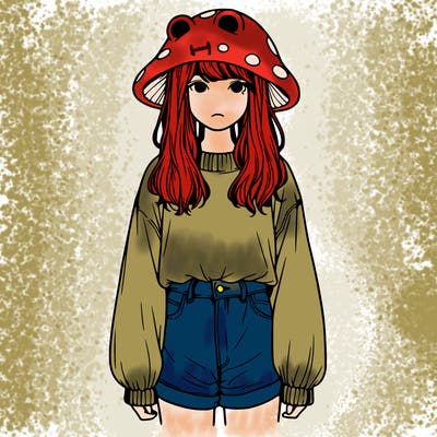 a realistic girl with a frog hat and baggy mushroom shirt