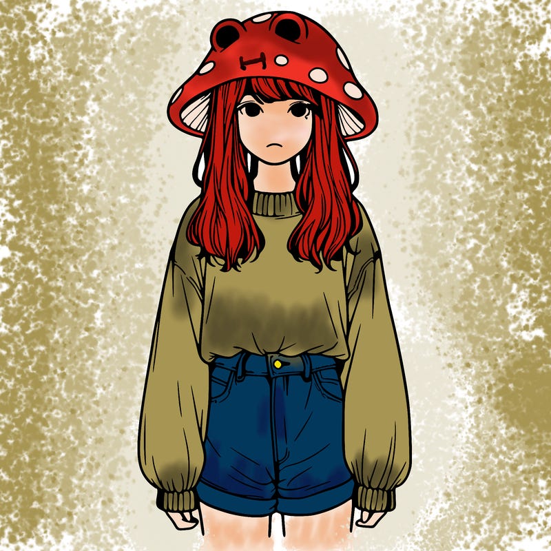 a realistic girl with a frog hat and baggy mushroom shirt