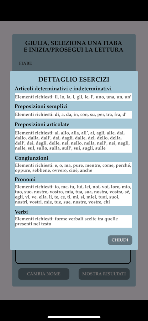 Quante Storie! - Una pantalla en la aplicación Quante Storie que enumera categorías de gramática italiana como artículos, preposiciones y verbos para ejercicios educativos