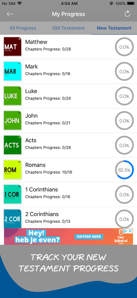 Torrey's Topical Bible Offline - Écran de l'application mobile montrant la progression de lecture pour les livres du Nouveau Testament comme Romains et Matthieu
