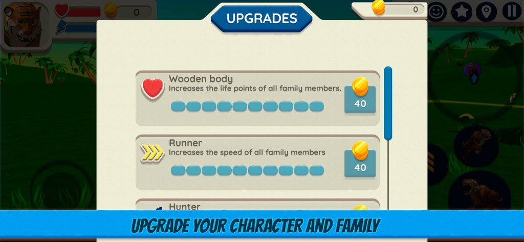 Tiger Simulator 3D upgrades screen showing character and family stat improvements for life points and speed