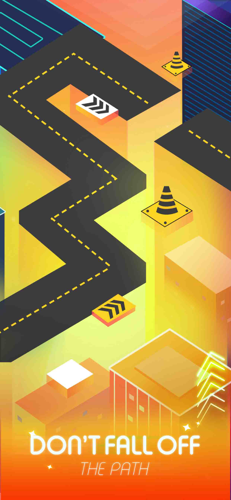 Dancing Ballz: Magic Tiles - Une piste 3D en zigzag dans le jeu de rythme Dancing Ballz Magic Tiles avec le texte Ne tombez pas du chemin