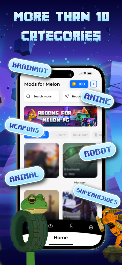 Addons for Melon PG - Interfaz de la aplicación móvil de Complementos para Melon PG que muestra varias categorías de mods como Brainrot, Anime, Armas y Robots.