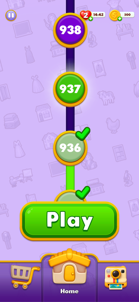 Icon Associations - Level selection map in the Icon Associations mobile puzzle game showing progression and play button.