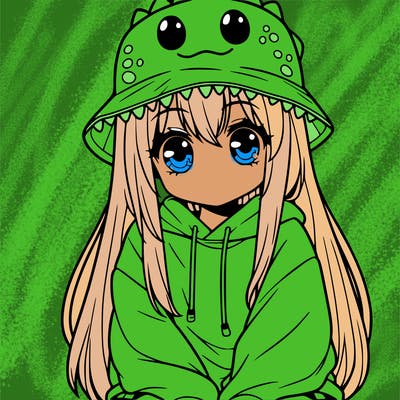 girl with anime shaped eyes with a dinosaur bucket hat oversized sweatshirt long straight hair