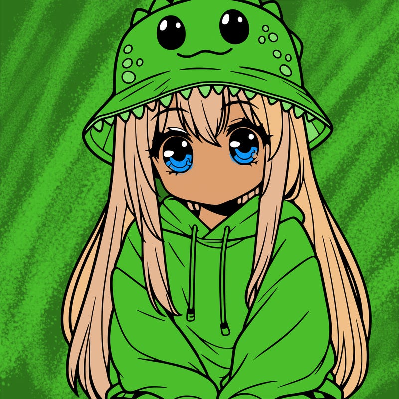 girl with anime shaped eyes with a dinosaur bucket hat oversized sweatshirt long straight hair
