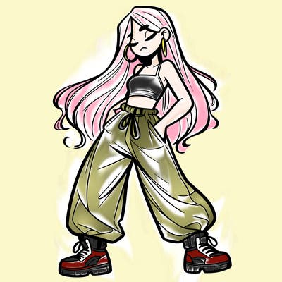 girl in baggy pants crop top and long hair