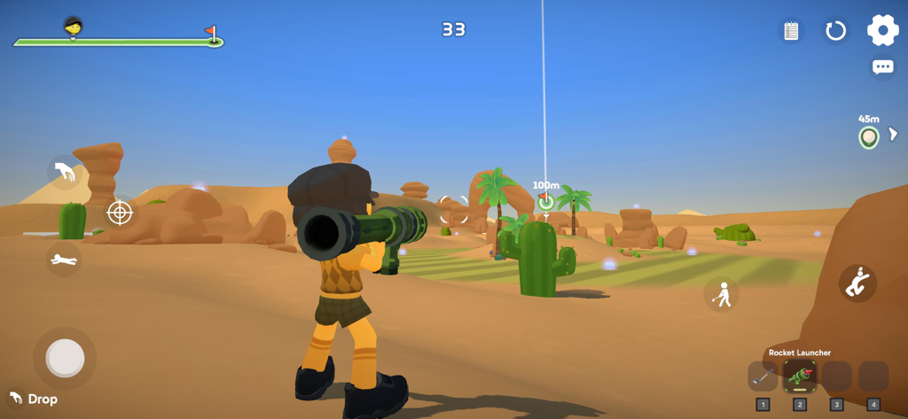 Super Battle Golf - Un personaje apunta con un lanzacohetes en un campo de golf desértico en Super Battle Golf.