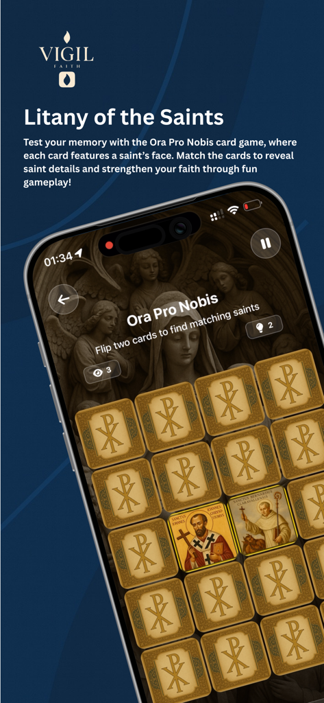 Vigil Faith - Catholic Bible - Vigil Faith App zeigt das Gedächtnisspiel "Litanei der Heiligen" im Karten-Matching-Format.