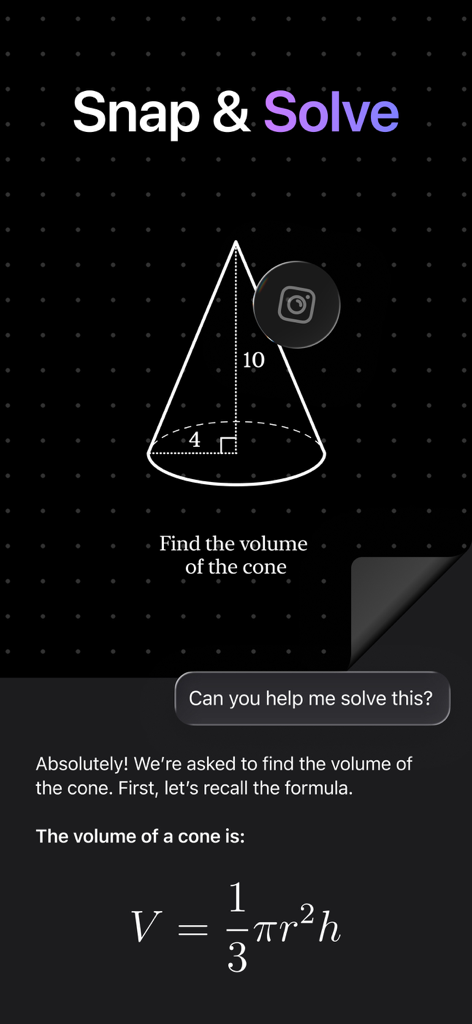 AI Chat Assistant – ChatNow - ChatNow AI assistant solving a geometry problem about a cone using the Snap and Solve feature.