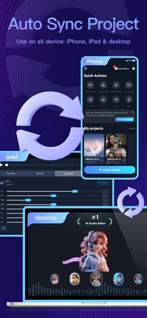 Audio Editor - AI Music Editor - Audio Editor app interface showing automatic project synchronization across iPhone iPad and desktop devices
