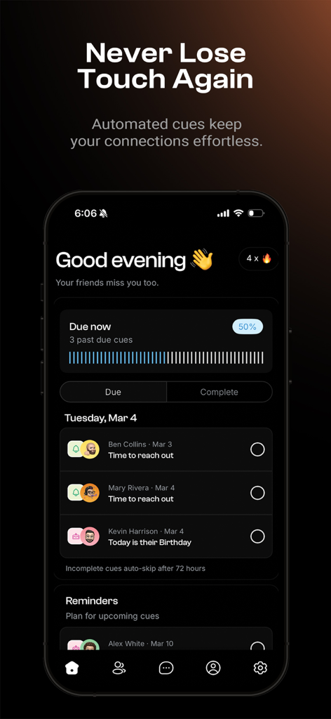 Socialite: Stay Connected - Socialite app dashboard showing automated reminders and cues to reach out to contacts