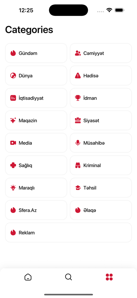 Sfera.az - Categories screen of the Sfera.az news app displaying various news sections in Azerbaijani language such as politics, sports, and economy.