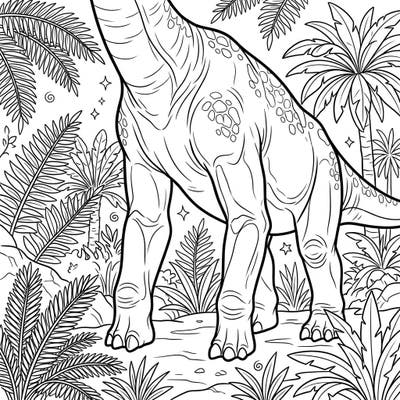Step back in time to the age of dinosaurs with this captivating Brachiosaurus coloring page. Focus on the majestic, powerful forelegs of this gentle giant, set amidst a detailed prehistoric jungle.