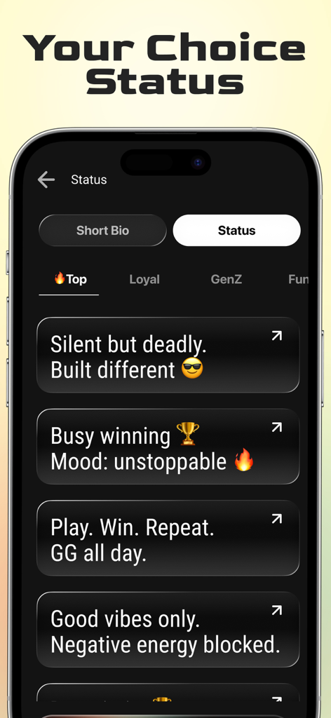 Nickname Generator: Fancy Text - A mobile app interface displaying a list of creative short bios and status messages for social media and gaming