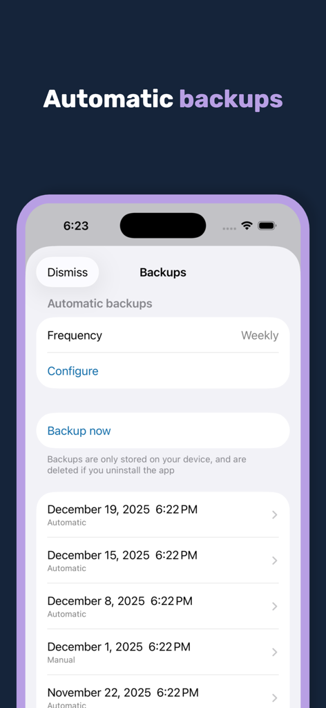Interface showing automatic backup settings and history within the Debty app