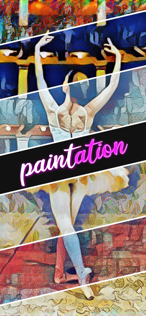 Paintation: Famous Art Filters - Un banner promocional para la aplicación Paintation que muestra una bailarina estilizada con varios filtros de pintura artísticos