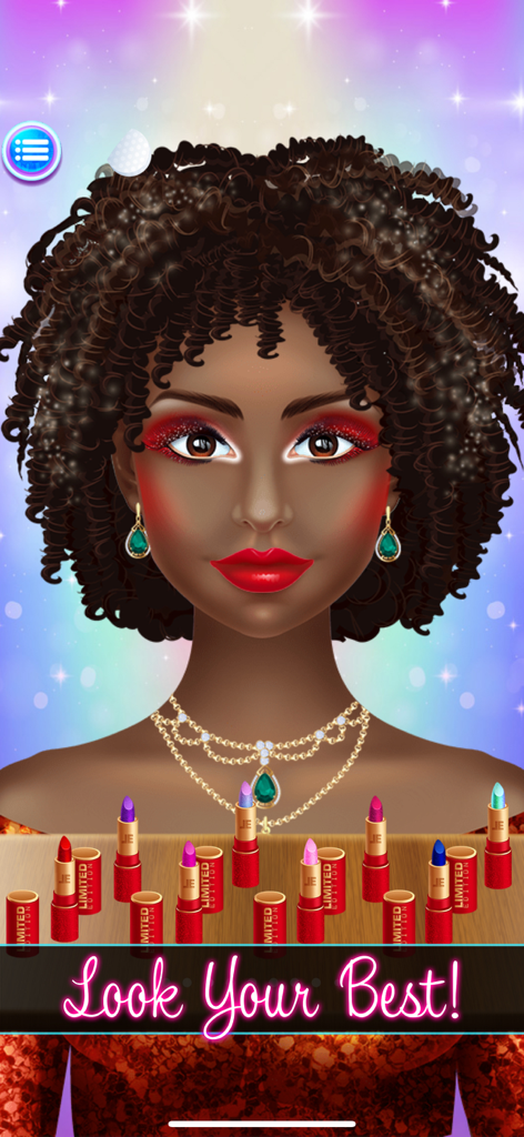 A styled character with curly hair and red makeup in a virtual beauty salon