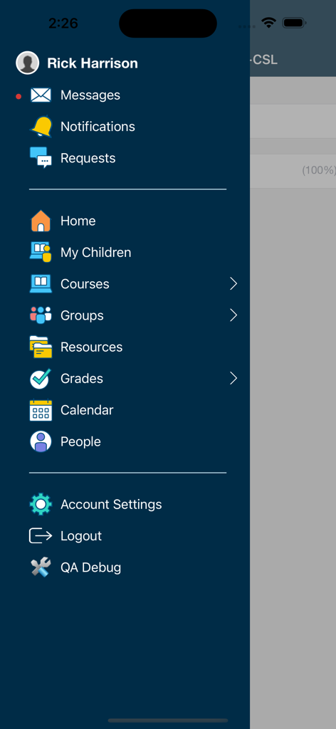 Side navigation menu of the Schoology mobile app showing links for courses grades and messages