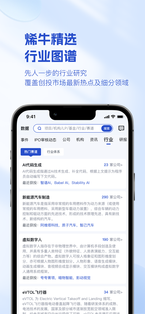 烯牛数据 - A screenshot of Rhino Data app displaying detailed industry insights for various technology sectors including AI and new energy vehicles