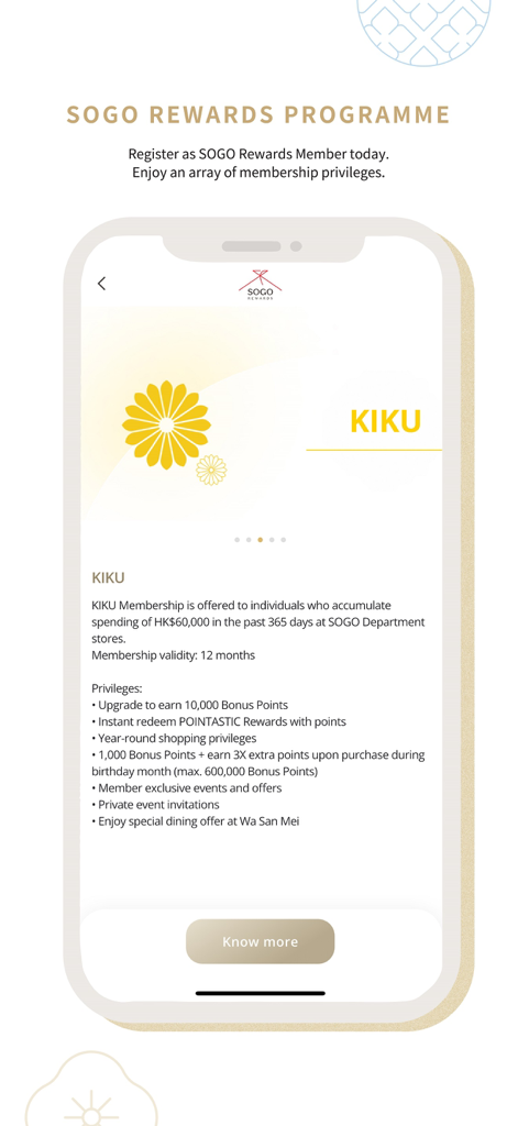 SOGO Rewards - SOGO Rewards mobile app screen showing the KIKU membership tier details and privileges