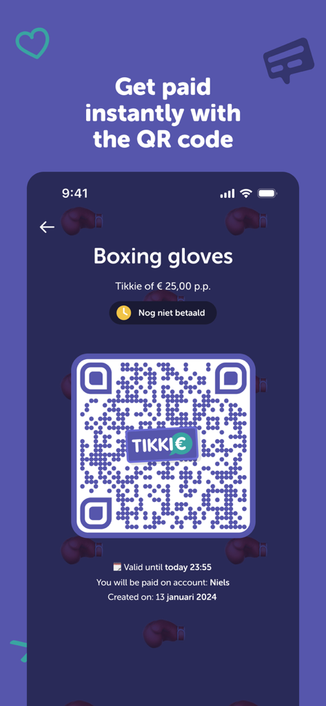 A mobile app screen showing a Tikkie QR code for an instant payment request