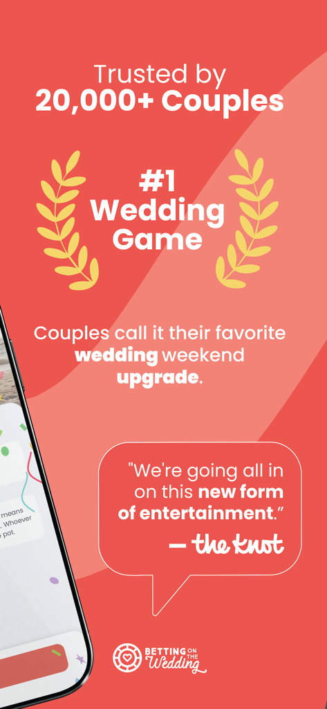 Promotional image for Betting on the Wedding app showing it is the number one wedding game trusted by over twenty thousand couples with a testimonial from The Knot