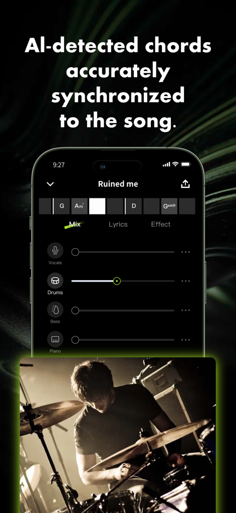 Stemify mobile app interface displaying AI detected chords synchronized to a song with sliders for vocals drums bass and piano