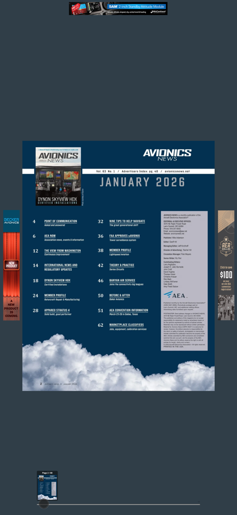 Tabla de contenido de la edición de enero de 2026 de Avionics News Magazine que muestra artículos de la industria y actualizaciones regulatorias.