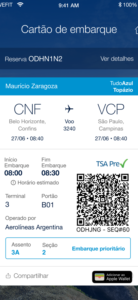 Digital boarding pass on Minha Azul app showing flight information and QR code