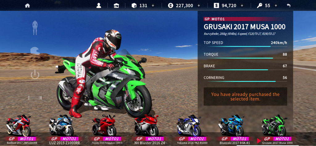 Real Moto 2 - Real Moto 2 bike selection screen featuring a green racing motorcycle and detailed performance statistics.