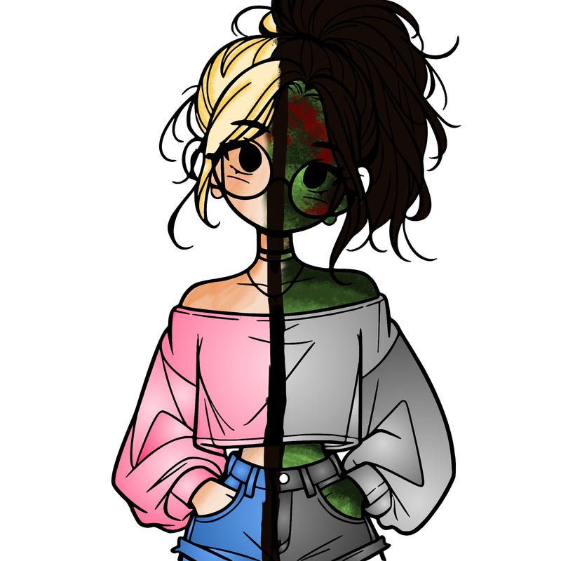 girl with a messy ponytail glasses a baggy crop top and jean shorts