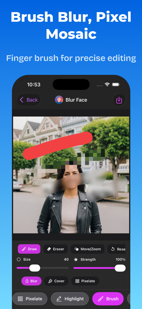 Blur Face - photo & video - Ferramenta de pincel manual para desfoque e pixelização precisos de fotos na interface do aplicativo Blur Face.
